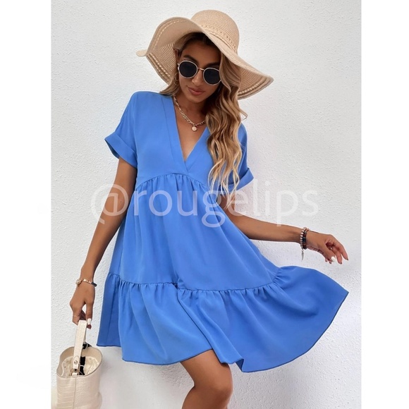Blue Short Sleeve Loose Fitting Mini Dress V-Neck Ruffle Flared Hem - Picture 2 of 8